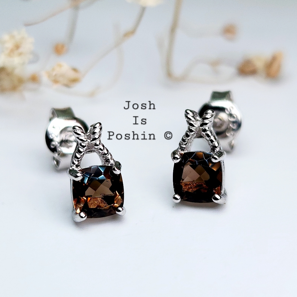 1.1CT natural smoky quartz earring studs in sterling silver